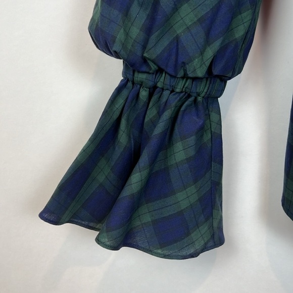 Petersyn Sasha Plaid Blouse Western Prairie XS Navy Green Puff Sleeve - Picture 6 of 9